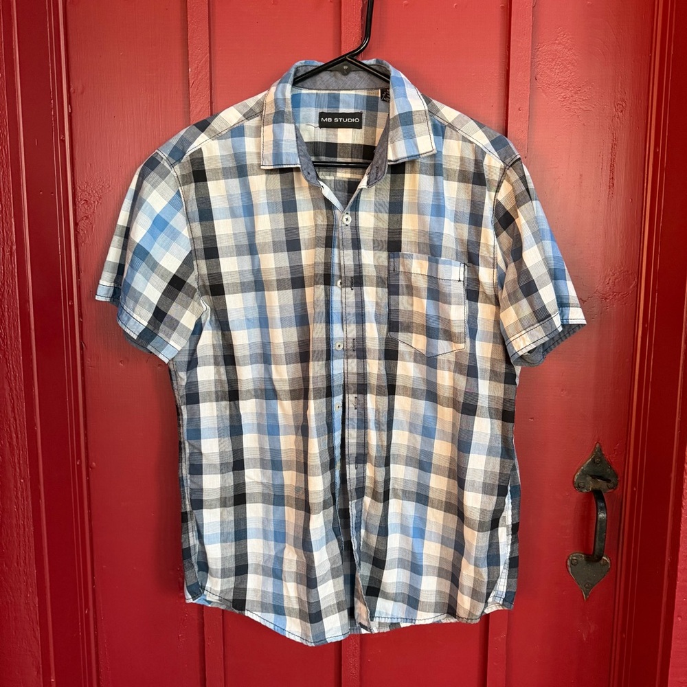 M.STUDIO Blue, Black & White Plaid Short-Sleeve Button-Down Shirt